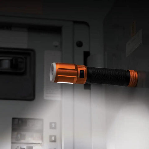 Rechargeable LED Flashlight With Flood Light 500 Lumens USB C Rechargeable Magnetic End Cap in use on a control panel