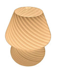 Mushroom Glass Desk Lamp With White Stripes, Vintage Murano Hand-Blown Style, modern Italian translucent table light, lit view.