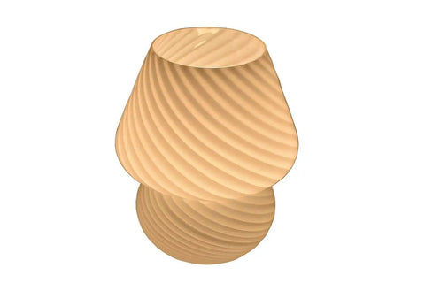 Mushroom Glass Desk Lamp With White Stripes, Vintage Murano Hand-Blown Style, modern Italian translucent table light, lit view.