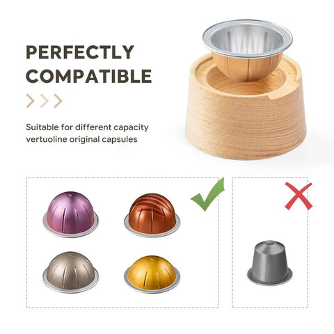 Perfectly compatible reusable silicone seal kit for converting Nespresso VertuoLine pods on wooden stand with capsule examples