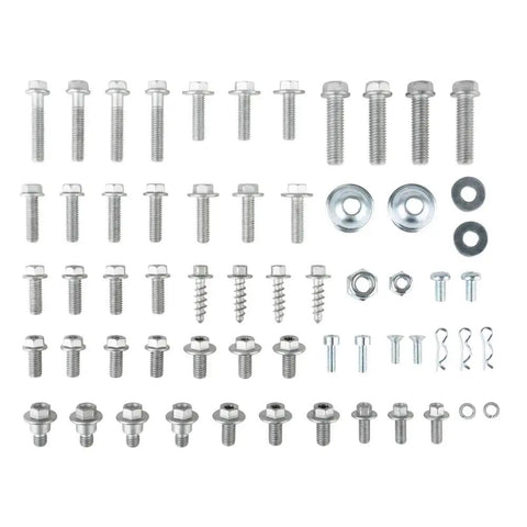 60 Piece European Trail Motorcycle Bolt Kit with Metric Bolts Nuts Cotter Pins and Washers for Late Model Motocross and Off Road KTM Husaberg Bikes Trail Ready and On The Go displayed on white.