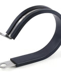 Single clamp from Ten Pack 2 Inch Stainless Steel Cable Clamps With Rubber Cushioned Hose Clamp Insulated Tube Clips For Automotive Wiring And Pipe Mounts, R Shape Design For Easy Install And Secure Holds, Durable And Corrosion Resistant shown in side view.