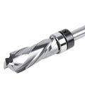 Top Quality Compression Flush Trim Router Bit 1/4 Inch Shank Made With Durable Tungsten Carbide For Cutting MDF, Plywood, And Hardwoods With Smooth Edges Perfect For Sign Carving Projects In Your Workshop showing the cutting edge and spiral design.