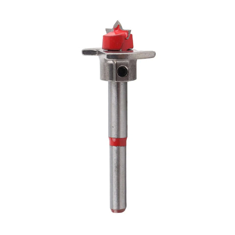 Pocket hole drill jig with red adjustment knob and steel shaft for cabinet door installation