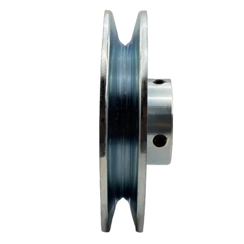 Side view of Single Groove V Belt Pulley 5 Inch OD 1 Inch Bore Motor Pulley Carbon Steel Zinc Plated Built Tough For A B 5L 4L V Belts With Keyseat 0.25 by 0.125 Inch Includes Two Screws And Wrench.