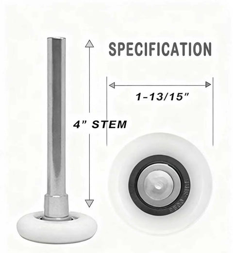 12 Pack 1.8 Inch Nylon White Garage Door Rollers With 4.7 Inch Stem Quiet Smooth Replacement Wheels With Double Seal For Reliable Garage Door Operation, specification diagram with dimensions.
