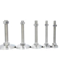 Built Like A Tank Adjustable Leveling Feet 2 Pack Top Shelf 304 Stainless Steel Swivel Furniture Glides on white background.