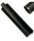 Side view of black 3-1/2 in wet core drill bit for hard concrete; 1-1/4-7 arbor, end teeth visible.