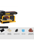 Kick Some Serious Dust On Your Next Build With This Slick Two In One Belt And Disc Sander Combo That Flattens Wood Metal And Plastic Like A Pro Workshop Badass, showing yellow sander with belt and disc.