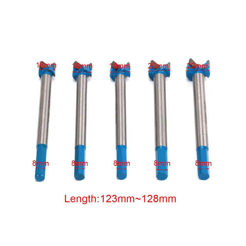 Heavy Duty Forstner Drill Bit Set Cuts Clean Wood Holes Like A Boss With Durable Alloy Steel Bore Bits For Cordless Drills and Woodworking Crews Who Get The Job Done Fast Every Single Weekend Without Blowing Past Marked Lines Today, five bits with 8mm shank, sizes 16mm to 22mm.