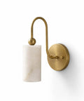Modern Alabaster Wall Sconce - Natural Marble Wall Lamp with Luxury Brass Finish mounted on a wall, showcasing its elegant design.