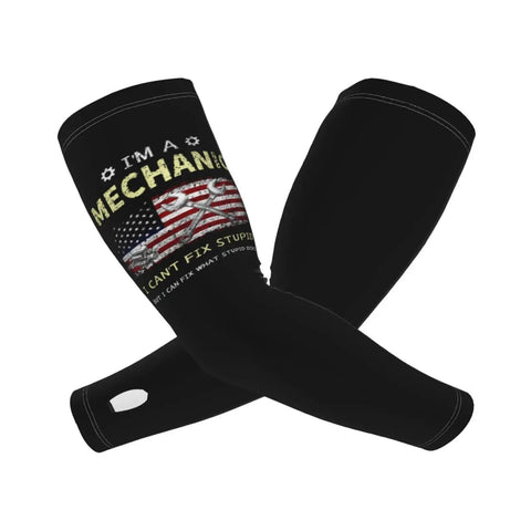 Dope Vintage American Flag Cooling Arm Sleeves With I Am A Mechanic I Cannot Fix Stupid Quote in black ice silk for sun protection.