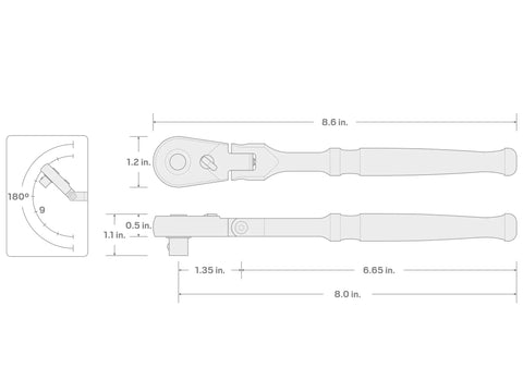 Diagram of Three Eighths Inch Drive Eight Inch Flex Head Quick Release Ratchet With 180 Degree Flex 9 Position Detents 90 Tooth Gear