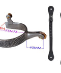 Stainless Steel Cowboy Spurs With Spur Straps And Copper Cap Buckle, size dimensions shown, Western Equestrian Gear for Men and Women