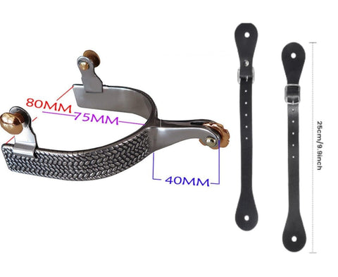 Stainless Steel Cowboy Spurs With Spur Straps And Copper Cap Buckle, size dimensions shown, Western Equestrian Gear for Men and Women