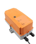 Nm24p Sr Rotary Damper Actuator Built Tough For Smooth Modulating Control And AC DC 24 Volt Power, orange casing, side view.