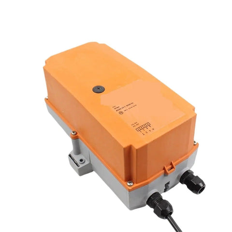 Nm24p Sr Rotary Damper Actuator Built Tough For Smooth Modulating Control And AC DC 24 Volt Power, orange casing, side view.
