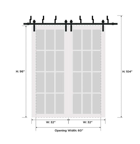 Dimensions diagram of Felicia 3312 Interior Barn Bypass Sliding Doors Set With Frosted Glass And Solid Wood Panels 64x96 Inches