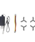 VR70 FPV Drone Spare Parts Accessory Kit includes 4 propellers, USB charger, charging case, and receiver cable for easy repairs