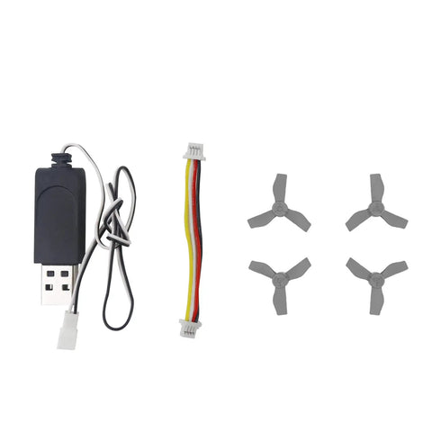 VR70 FPV Drone Spare Parts Accessory Kit includes 4 propellers, USB charger, charging case, and receiver cable for easy repairs