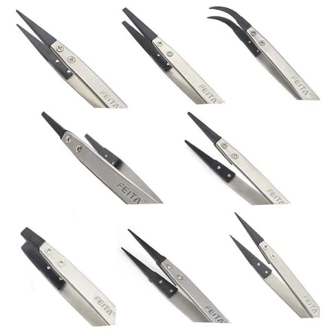 Pro Grade Anti Static Precision Tweezer Set With Replaceable Fiber Tips Stainless Steel ESD Tweezers displayed in various angles
