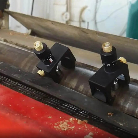 Magnetic Two Piece Planer Setting Gauge And Cutter Calibrator installed on planer for cutterhead adjustment
