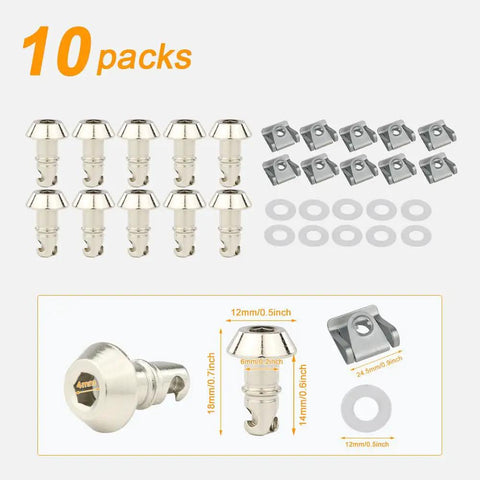 14mm Universal Motorcycle Quick Release Fairing Bolts With Clips, Quarter Turn Fasteners, 10-piece silver kit with washers.