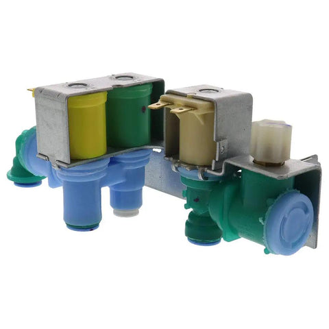 Drop In Refrigerator Water Valve Replacement Compatible With Electrolux Frigidaire Gibson Kelvinator Westinghouse AP5671757 240321801 240505101 240505102 Built To Last With High Grade Components And Easy Install For Home Kitchen Appliances, showing side angle of blue and green valve with metal housing