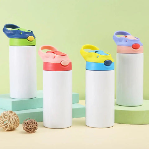 Four colorful sippy cups from Six Pack 12 Oz Sublimation Tumbler Blanks For DIY Heat Press Crafting Totally Fun Kids Sippy Cups