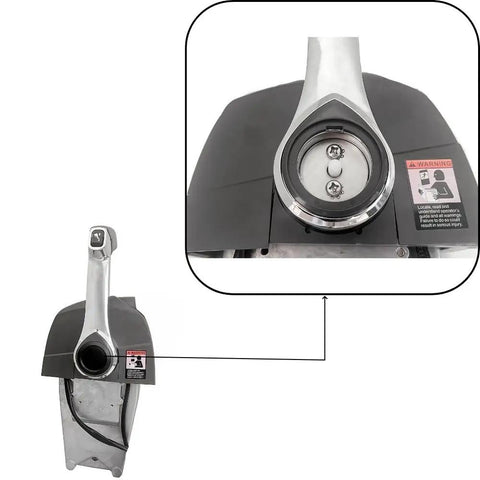 Top Mount Throttle Control Box 5006182 for outboard motors, metal and plastic build, showing control lever top view with warning label.
