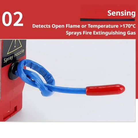 Dead Simple Automatic Fire Extinguisher With Dual Nozzles And Heat Aerosol Suppression Kicks In At 170 Degrees C showing blue trigger and spray nozzle.