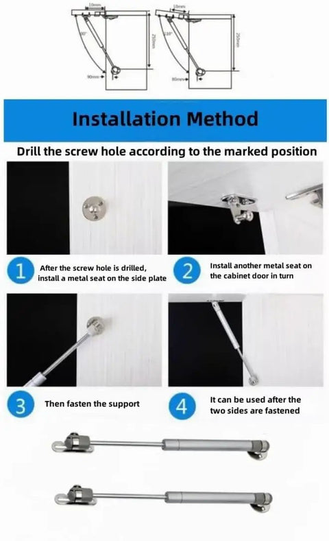 Installation method for 50N 11 Lb Gas Struts 10 Inch Lift Supports with steps and metal gas props shown