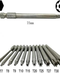 Workhorse Torx Security Screwdriver Bit Set With Easy Grip Handle covering T6 to T40, S2 steel bits, 75mm length.