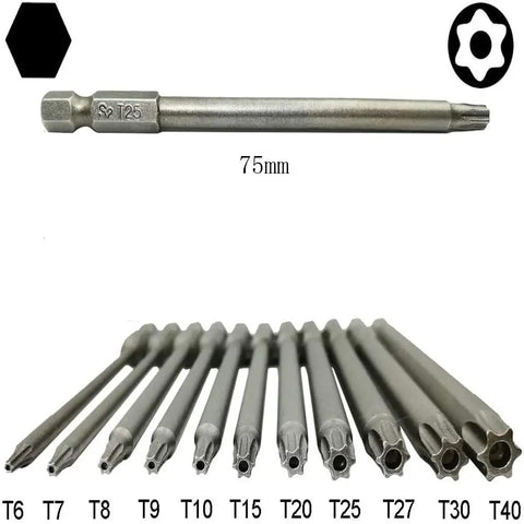 Workhorse Torx Security Screwdriver Bit Set With Easy Grip Handle covering T6 to T40, S2 steel bits, 75mm length.