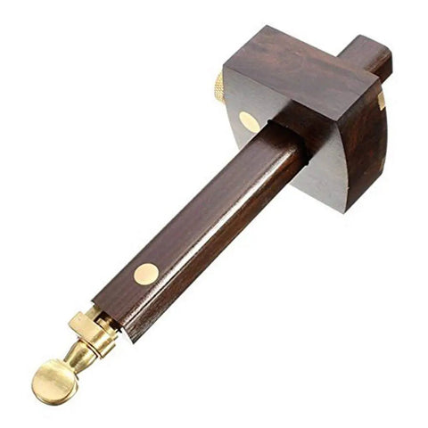 Heavy Lifting Wood Marking Gauge With Rugged Brass Slider And Broad Adjustable Span For Sharp Layout Lines and Fast Mortise Layout Marking Built Different For Tradesmen Craving Reliable Precision Every Single Day - close-up view showing brass mechanism.