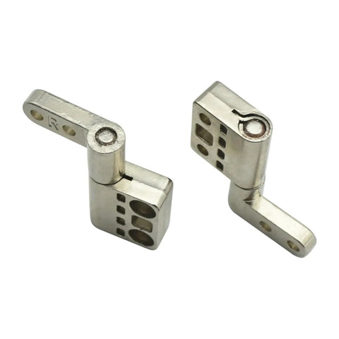 Damping hinge components, two silver metal pieces with perforated blocks and pivot joints.