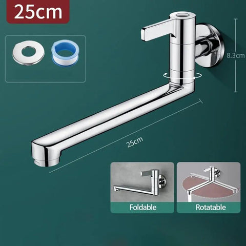 Rotatable Wall Mounted Cold Water Faucet Single Lever Kitchen Sink Tap 304 Stainless Steel for Mop Pool Utility Extended Spout Silver(25cm) on wall.