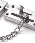Tough As Nails Heavy Duty Stainless Steel Door Security Chain Featuring No Nonsense Safety Latch And All Season Weather Shield for Apartments and Front Entry, close up view.