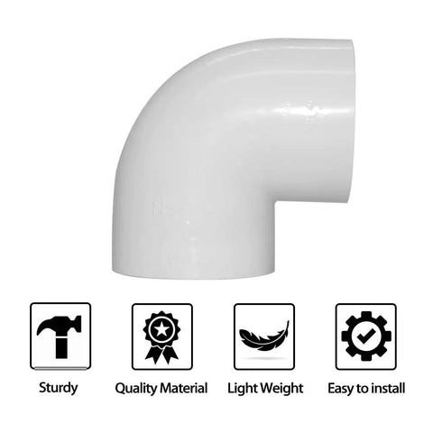 Close-up of 10 Pack Three Quarter Inch 90 Degree PVC Elbow Fittings Schedule 40 Slip Socket To Socket White Pipe Connectors, sturdy and lightweight.