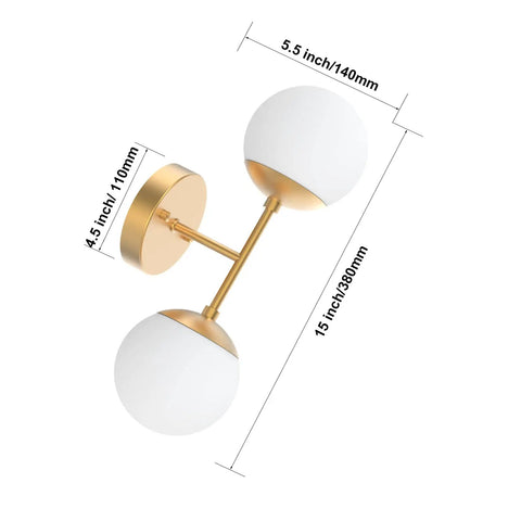 Gold Globe Wall Sconce With Two Lights, Mid Century Modern Globe Wall Light, dimensions shown, 6000K G9 Bulbs Included