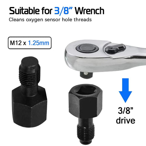 2-piece oxygen sensor thread chasers set in black steel with 3/8 inch drive; includes M18x1.5mm and M12x1.25mm.