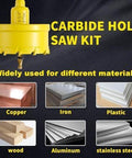 Carbide hole saw kit with yellow housing and pilot bit; materials: copper, iron, plastic, wood, aluminum, stainless steel.