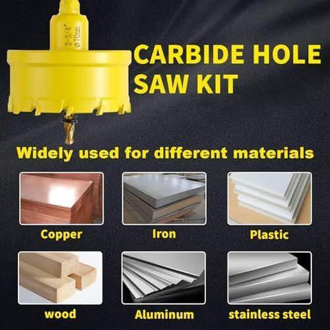 Carbide hole saw kit with yellow housing and pilot bit; materials: copper, iron, plastic, wood, aluminum, stainless steel.
