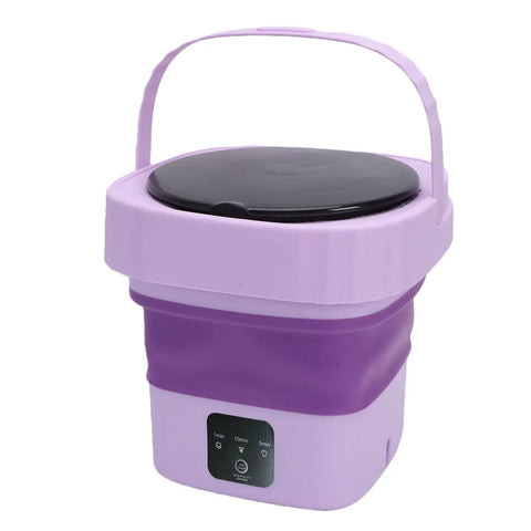 Hassle Free Mini Folding Washing Machine With Quick Ten Or Fifteen Minute Cycles And Hidden Carry Grip, compact design in purple.