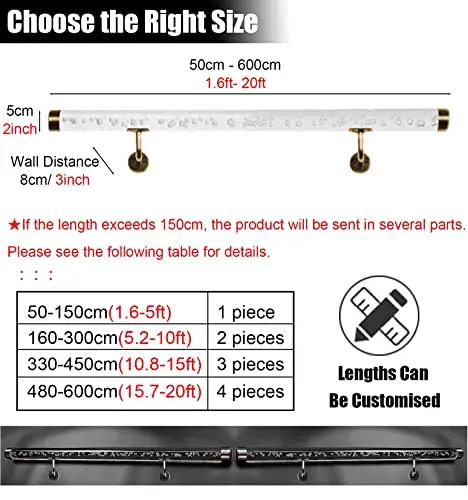 Clear Acrylic Stair Rail With Elegant Gold Brackets Adjustable Handrail Kit For Indoor Outdoor Rooms Slick Look Top Shelf Home Flex Easy Install Four Point Five Feet size guide with length options and wall distance.