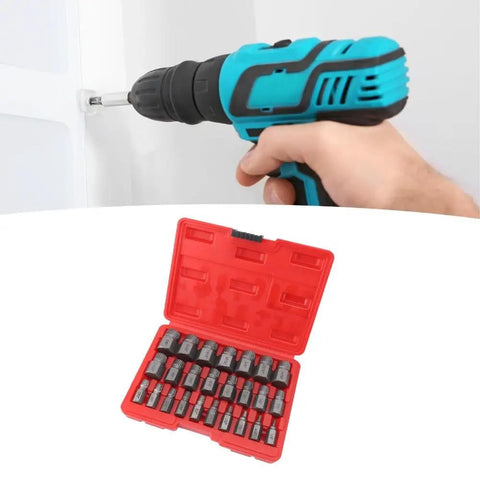 Check Out This Awesome 25-Piece Screw Extractor Set Made From Tough 40Cr Steel Perfect For Yanking Out Stripped Bolts And Broken Studs With Ease Using A Multi-Spline Hex Shank Design To Save Your Time And Money On Any Garage Repair Job You Got. 25-piece 40Cr steel screw extractor set in red case, used with a drill to remove stripped bolts.