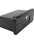 Black plastic marine storage glove box with lock for boat console; cup-holder design (front view)