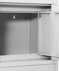 Interior of lockable metal file cabinet with doors and drawers in white for home office garage storage secure steel cabinet.