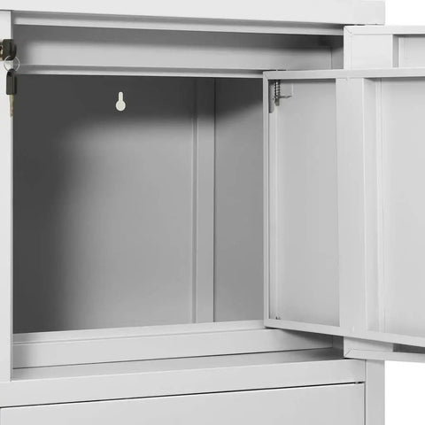 Interior of lockable metal file cabinet with doors and drawers in white for home office garage storage secure steel cabinet.