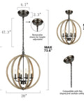 Six Light Orb Wood Chandelier With Rustic Oak Globe Frame, height adjustable 47.3" to 73.6", for various ceiling types.